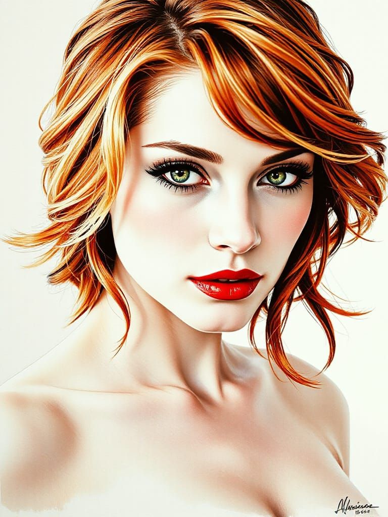 Glamorous Pin-Up Portrait in Photorealistic Ink Art Style
