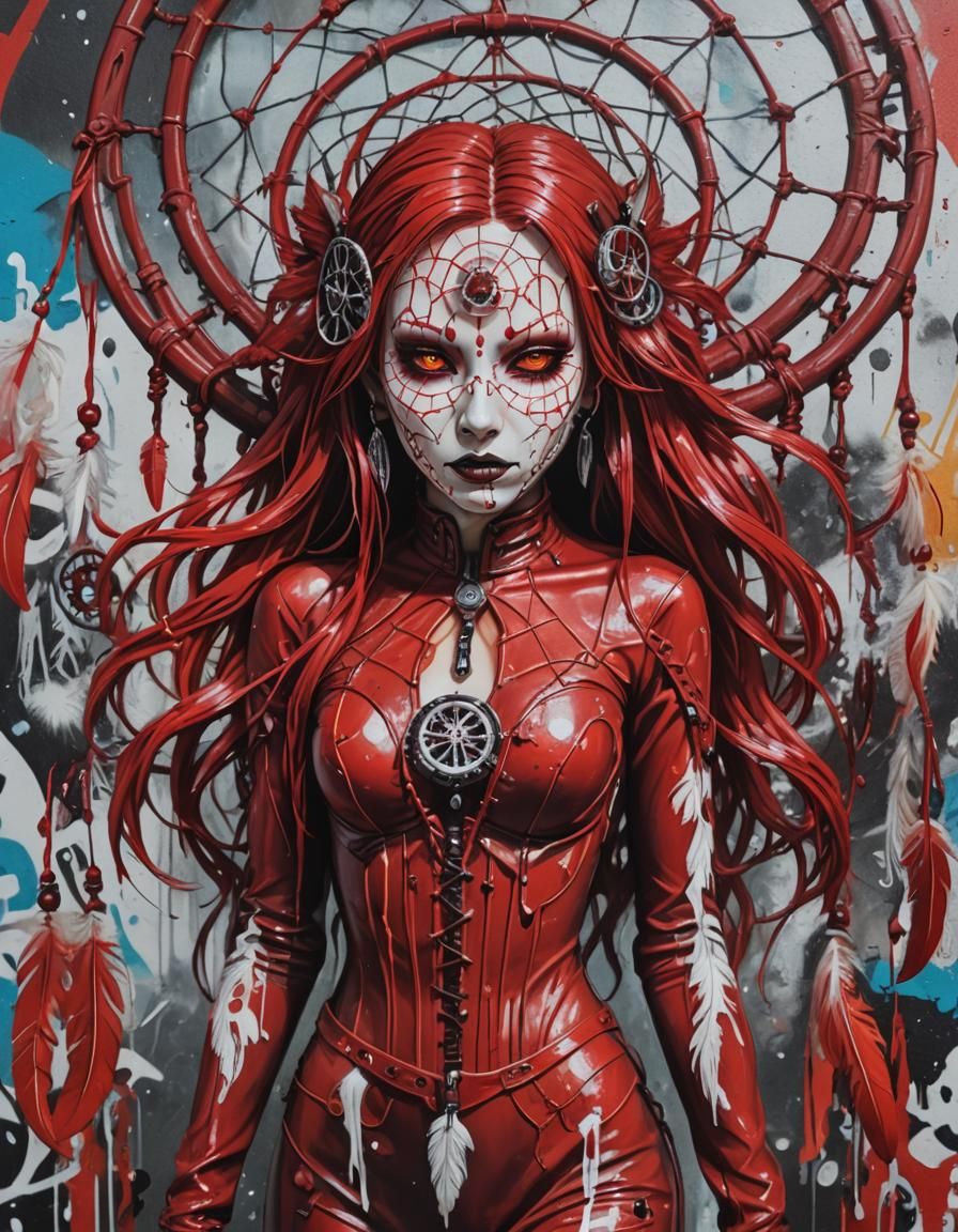 Red Catsuit Dreamcatcher in Graffiti Splash Art