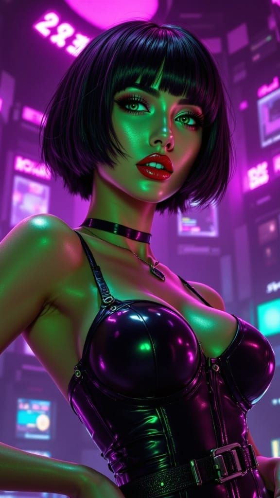 Anime Woman in Black Latex Under Neon Lights