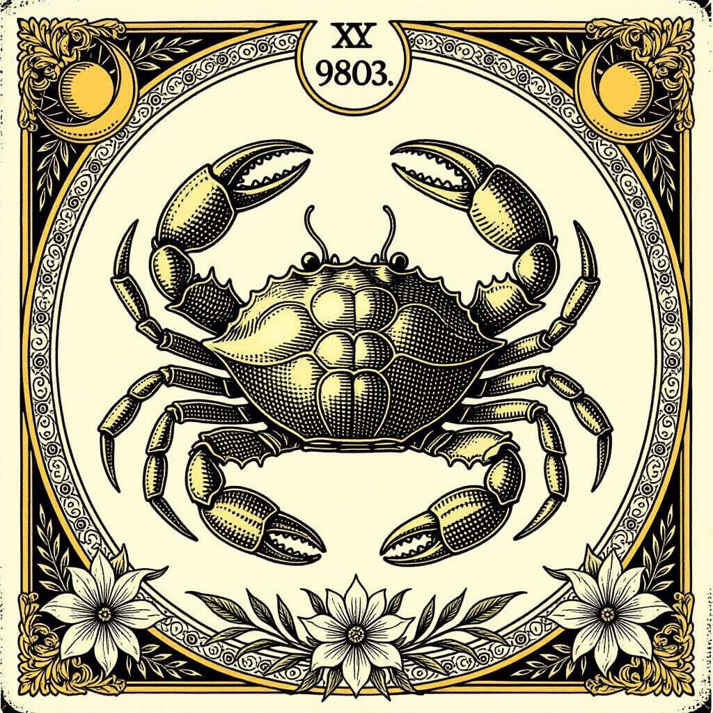 Cancer Tarot Card Engraving with Renaissance Detail