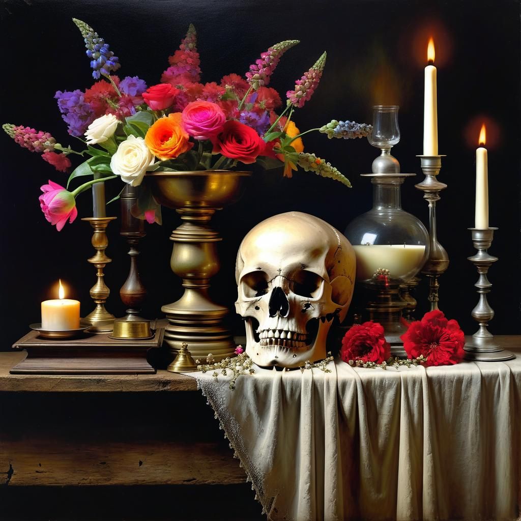Macabre Vanitas Still Life as Detailed Oil Painting