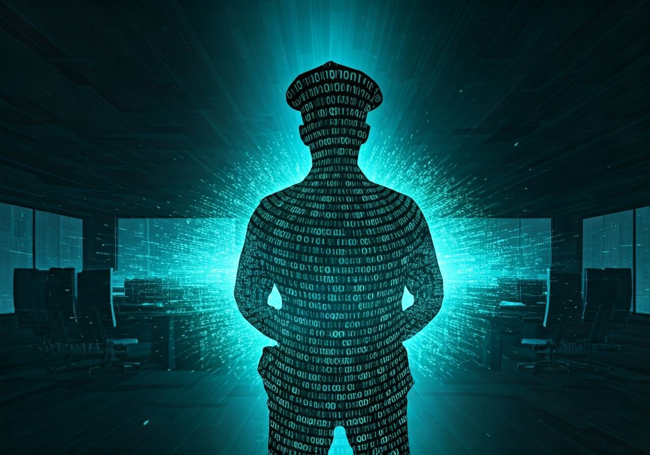 Futuristic Policeman Silhouette Formed by Binary Code