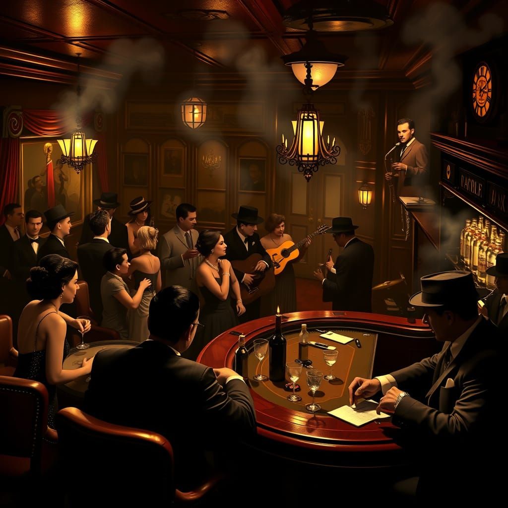 Inside a hidden 1920s speakeasy, a jazz band plays as flappe...