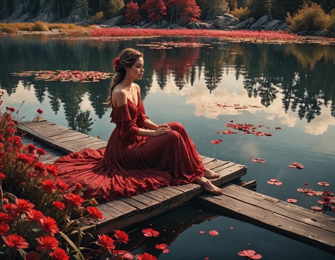 Woman by Lake: Cinematic Digital Ink Painting