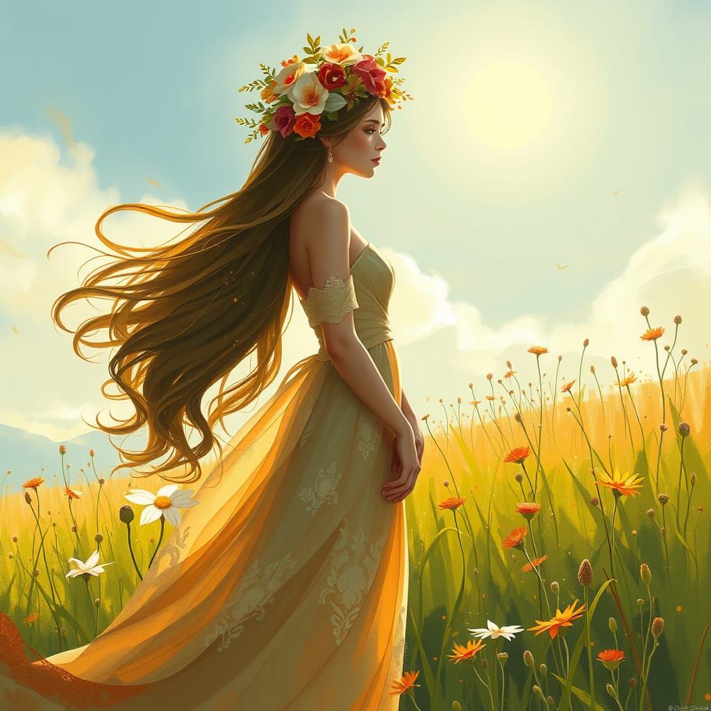 Woman in Floral Crown in Sunlit Meadow