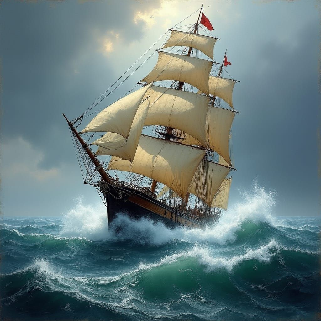 Majestic Sailing Vessel Battles Turbulent Stormy Seas