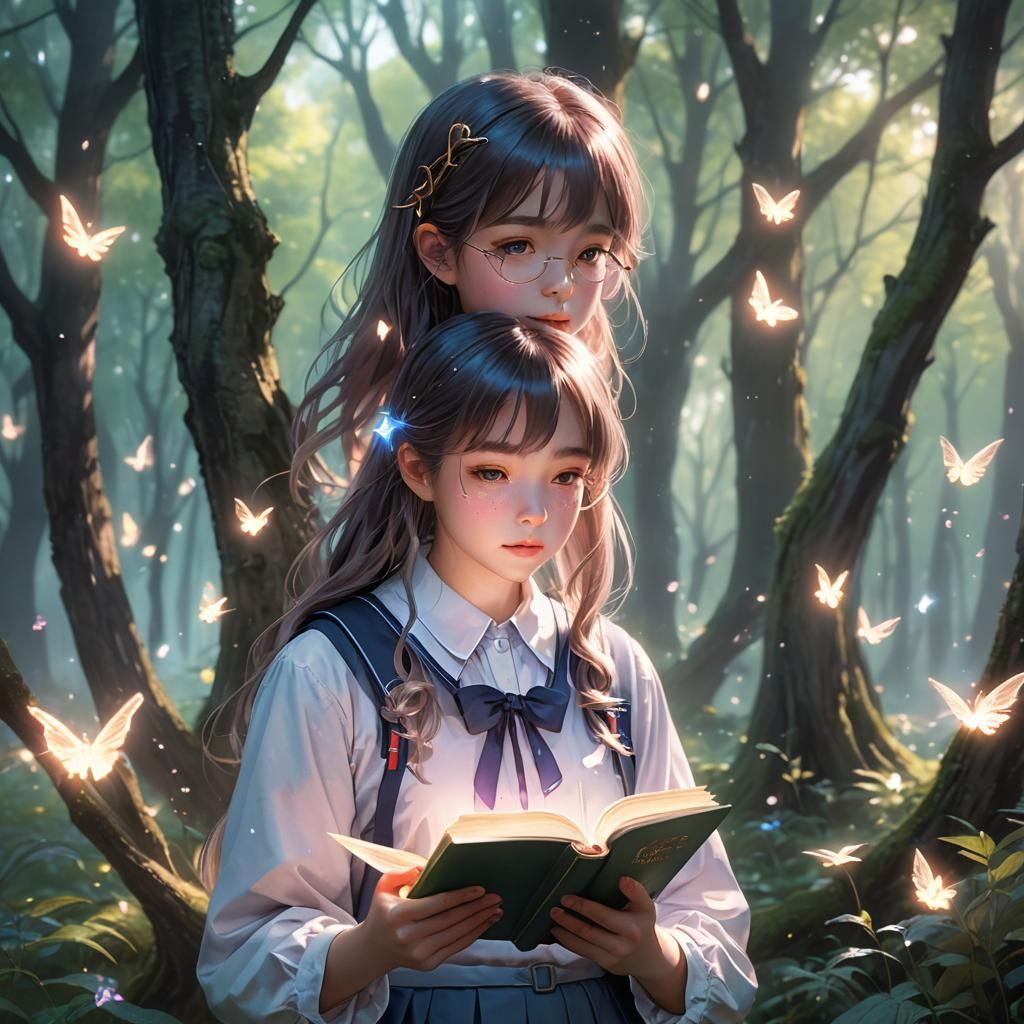 Girl Reading Magical Book in Ethereal Forest