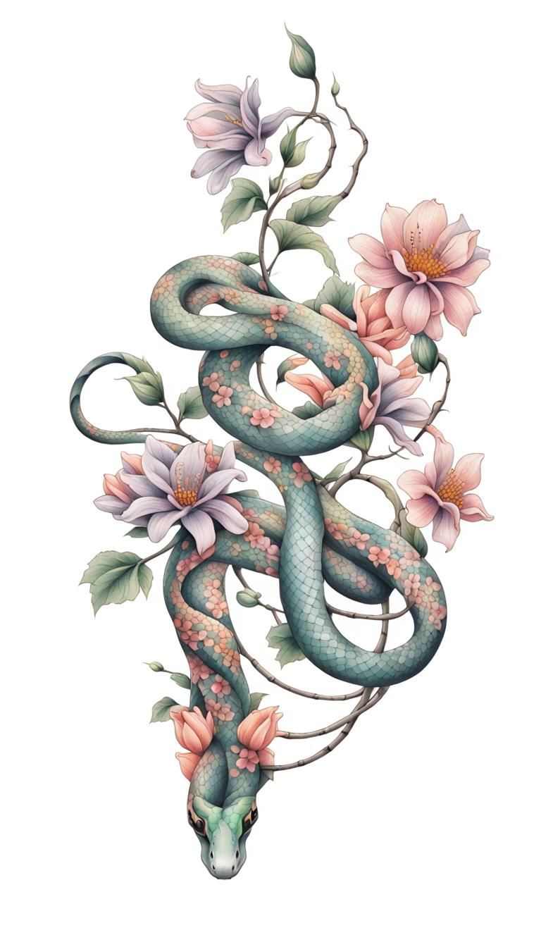 Pastel Snake Tattoo with Japanese Floral Design