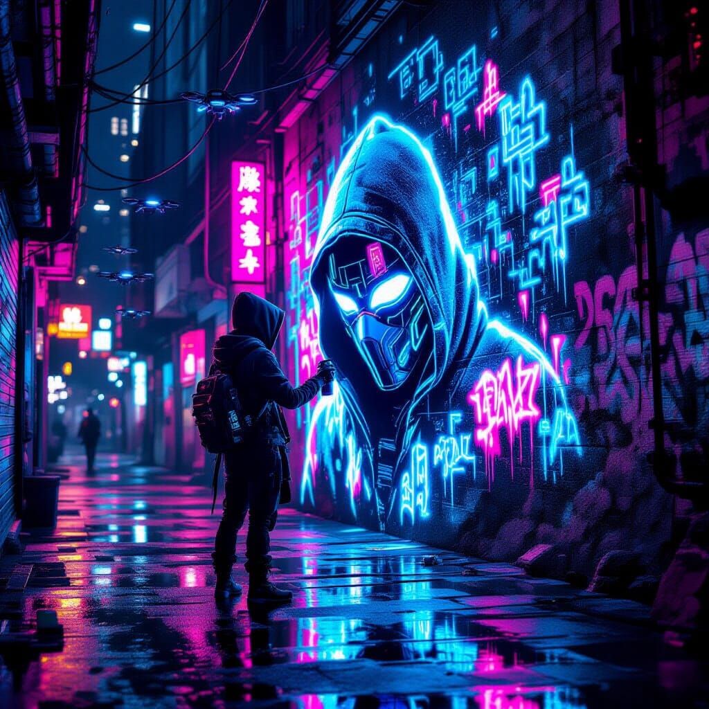 Cyberpunk Graffiti Artist Creates Neon Mural in Gritty Alley