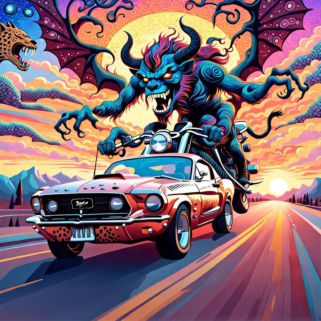 Psychedelic Mustang Chase on Trippy Mosaic Highway