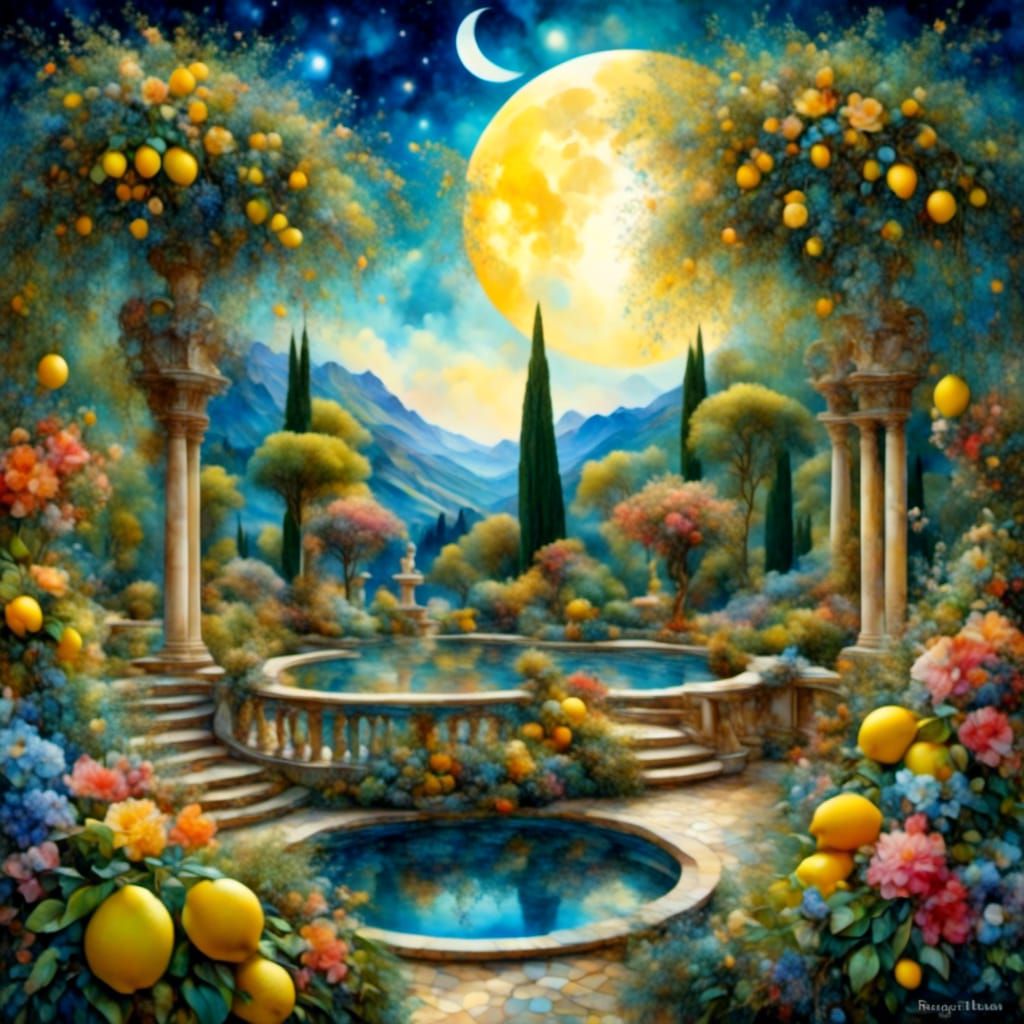 Italian Courtyard in Springtime with Van Gogh Moon