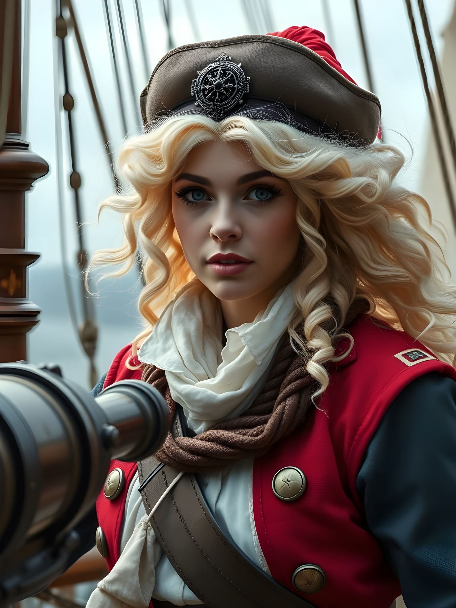 Surreal Albino Captain Commands Ship in Naval Battle Scene