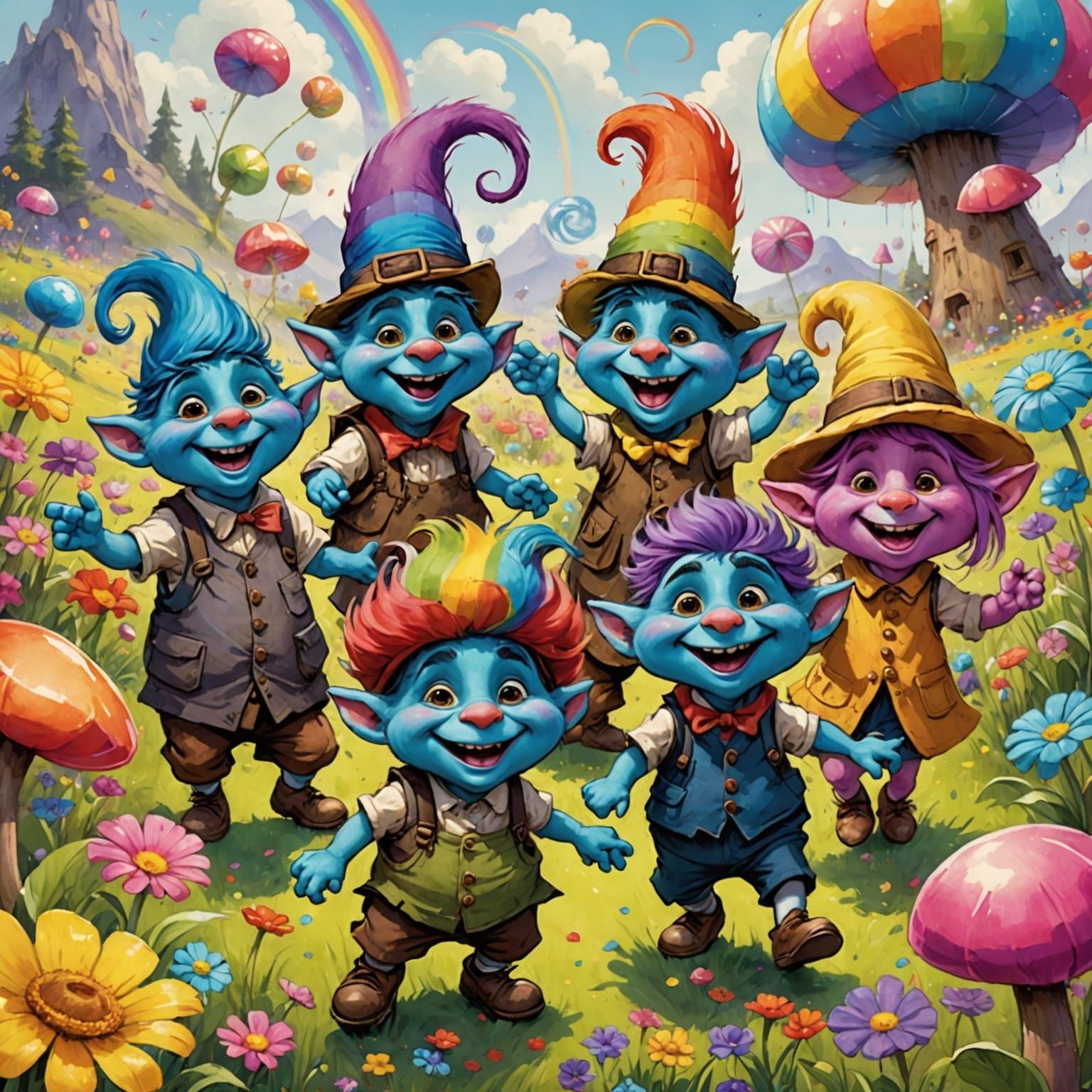 Whimsical Trolls Dancing in a Candy Flower Field