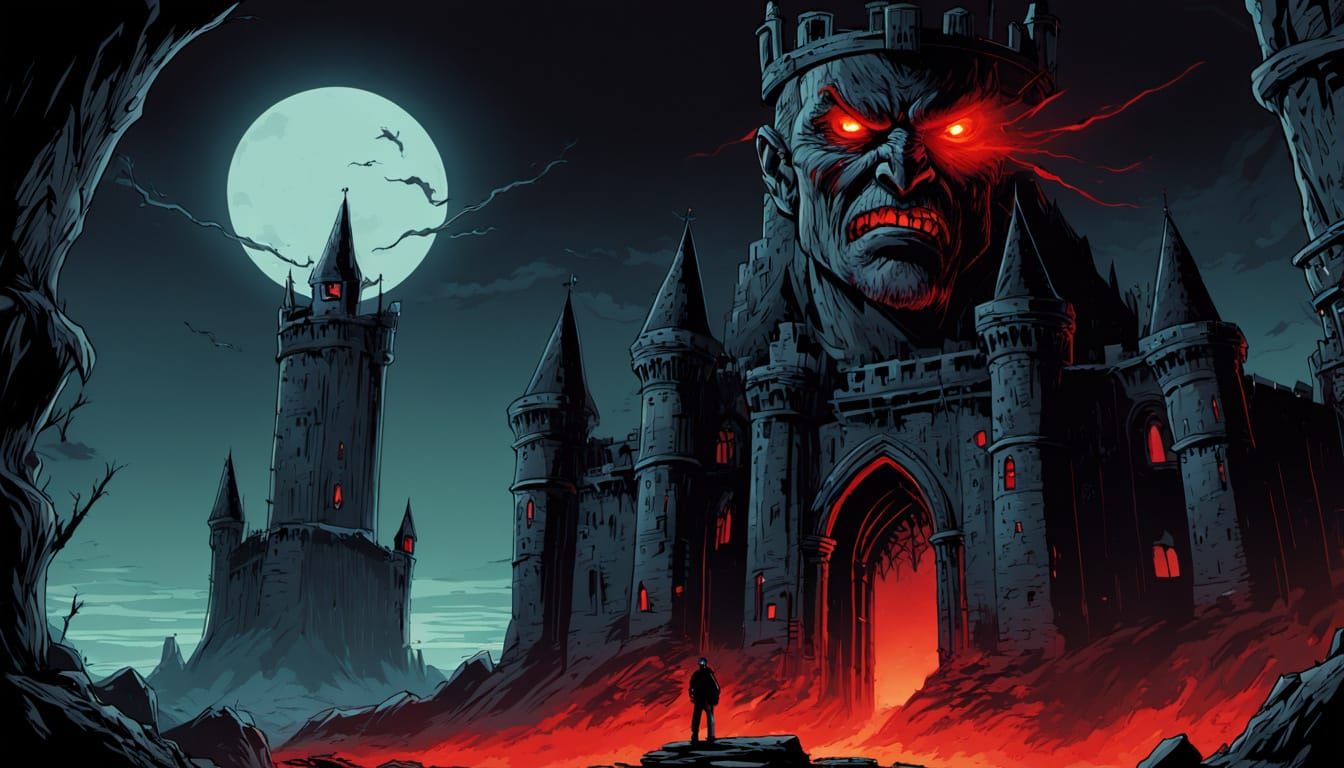 Villain with Red Eyes in Dark Comic Art Style