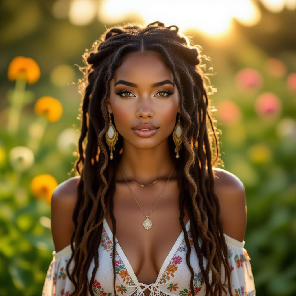 Ethereal Black Woman in Bohemian Garden