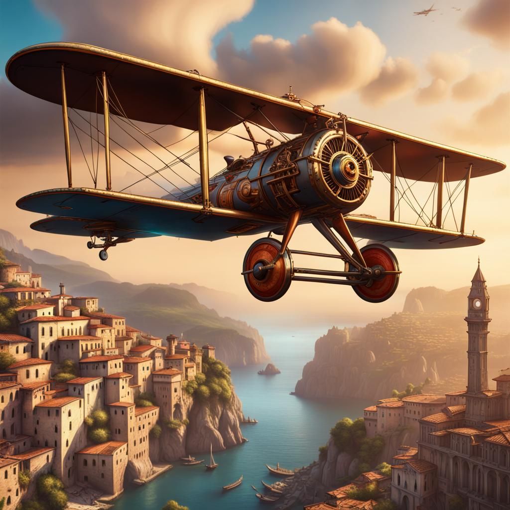 Guitar Biplane Flies to Italy: Detailed Matte Painting