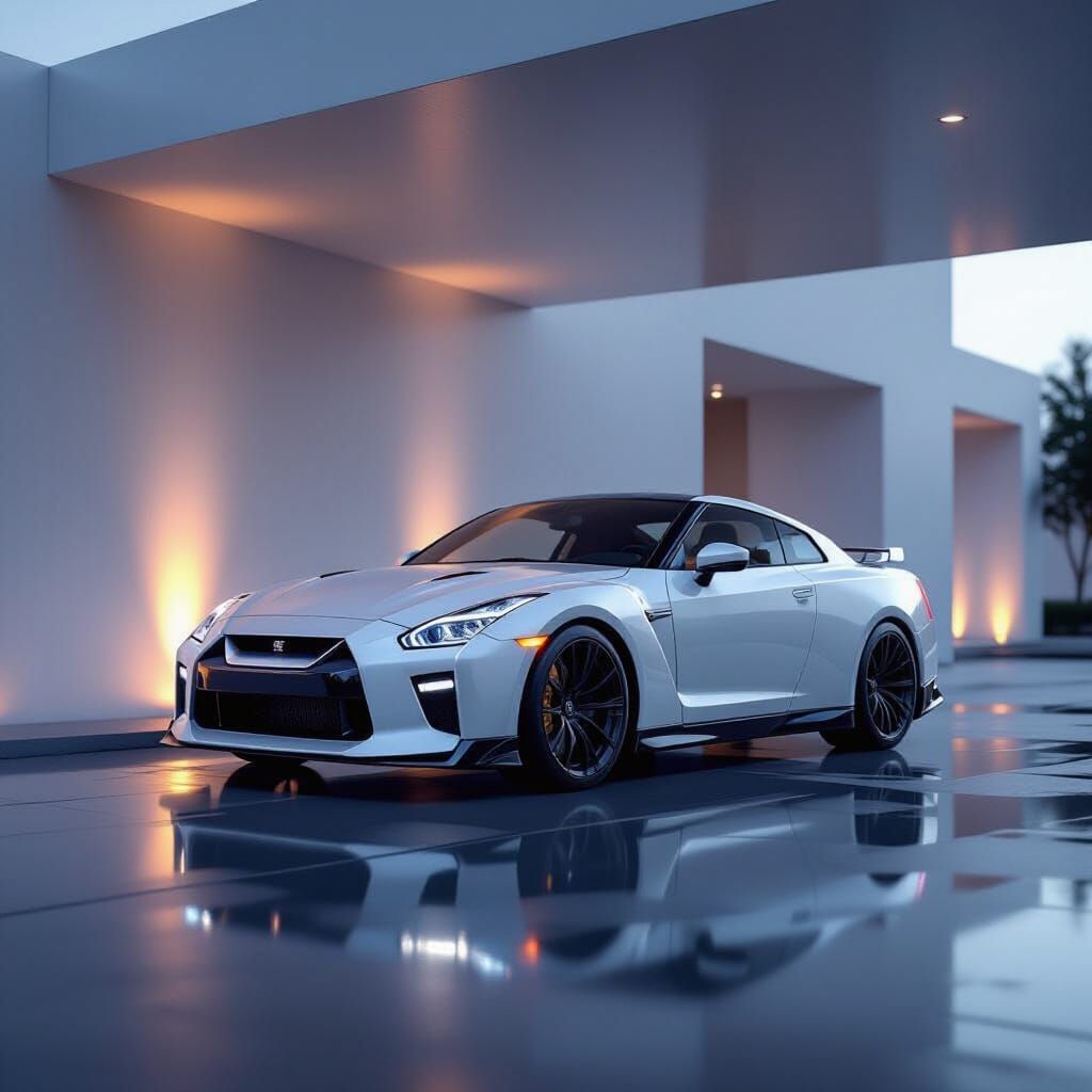 Sleek Nissan GTR in Modern Minimalist Car Porch