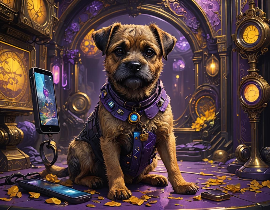 Border Terrier with Phone in Dark Fantasy Style