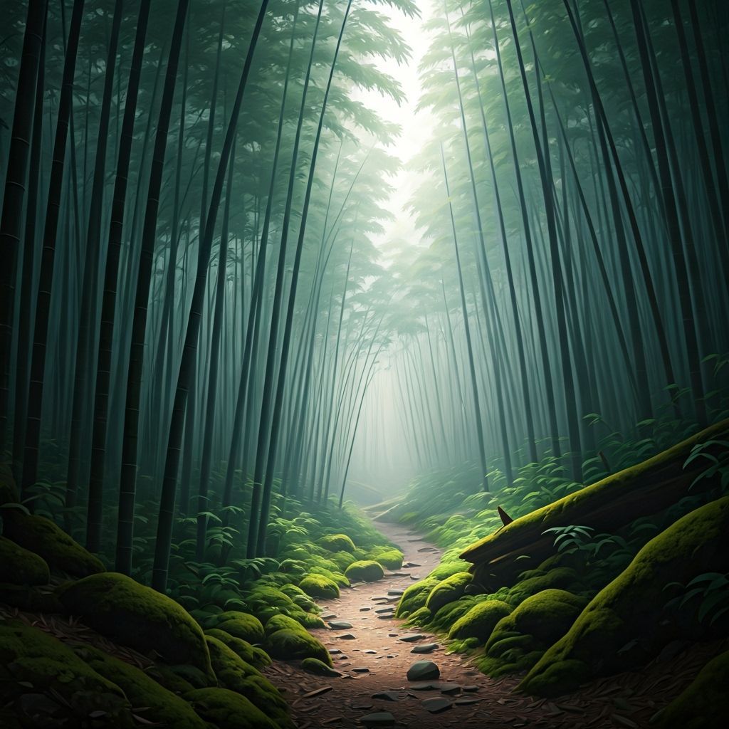 Misty Bamboo Forest with Ethereal Sunbeams