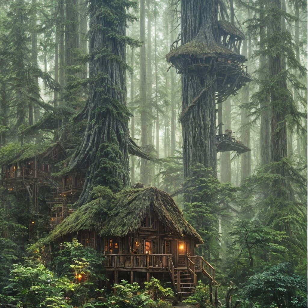 Ewok Village in a Whimsical Oil Painting