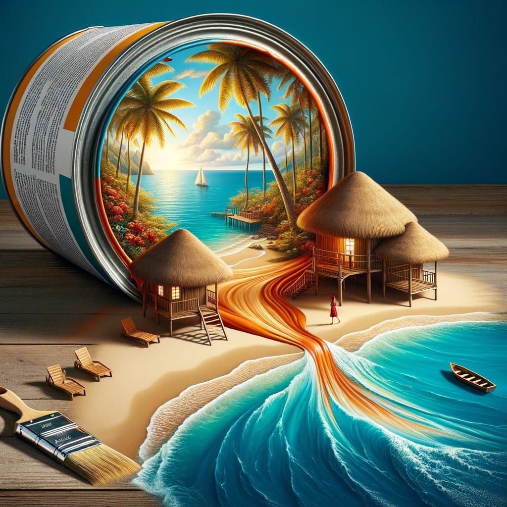 Beach Resort Painting Spilling from Paint Can