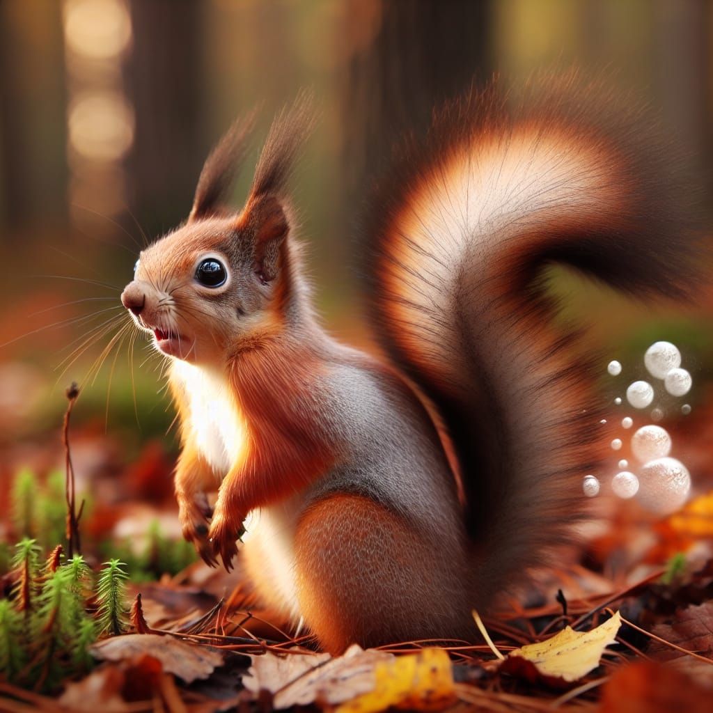 Surprised Squirrel Emitting Fart Bubbles in Autumn Forest