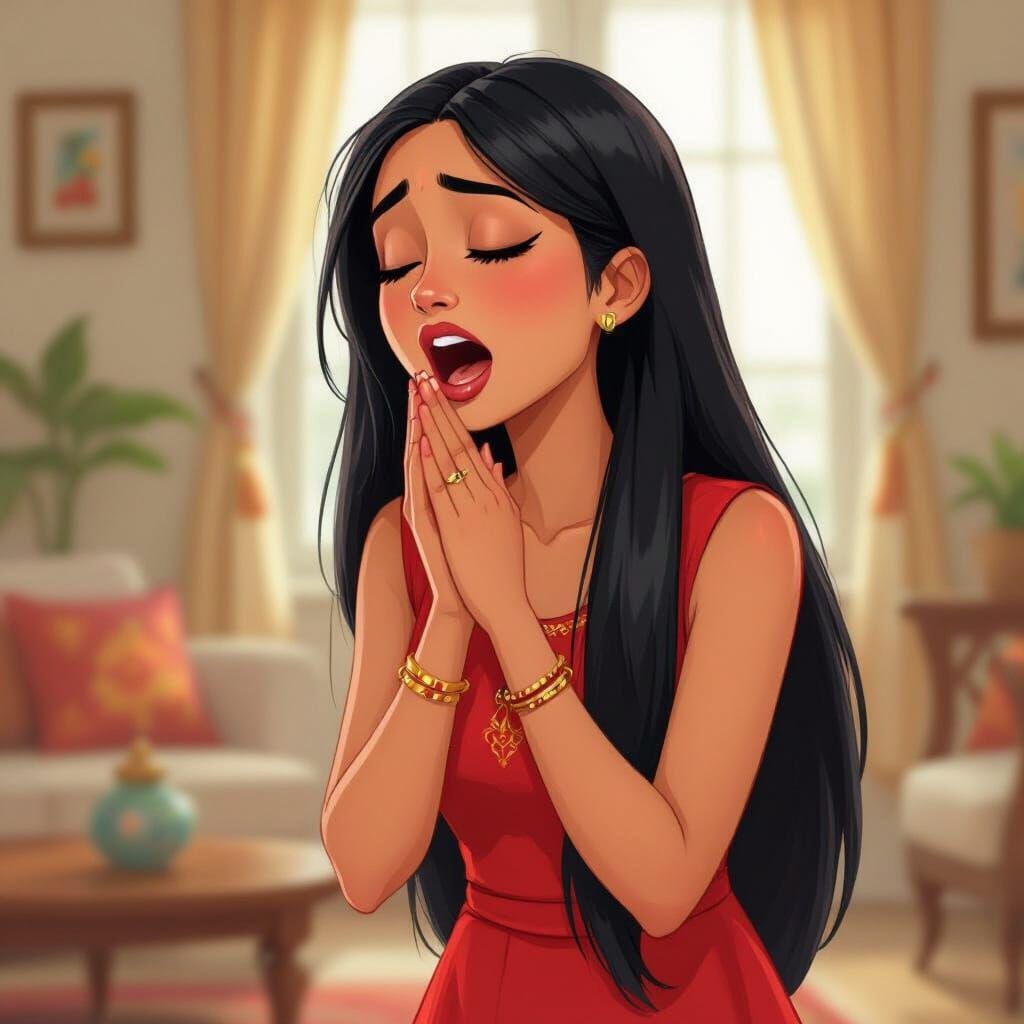 Cartoon Indian Girl Sneezing, Disney Pixar Style