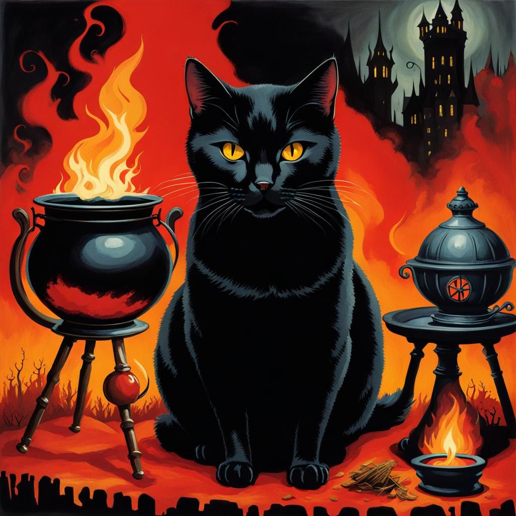 Black Cat Brews Potion in Spooky Kitchen