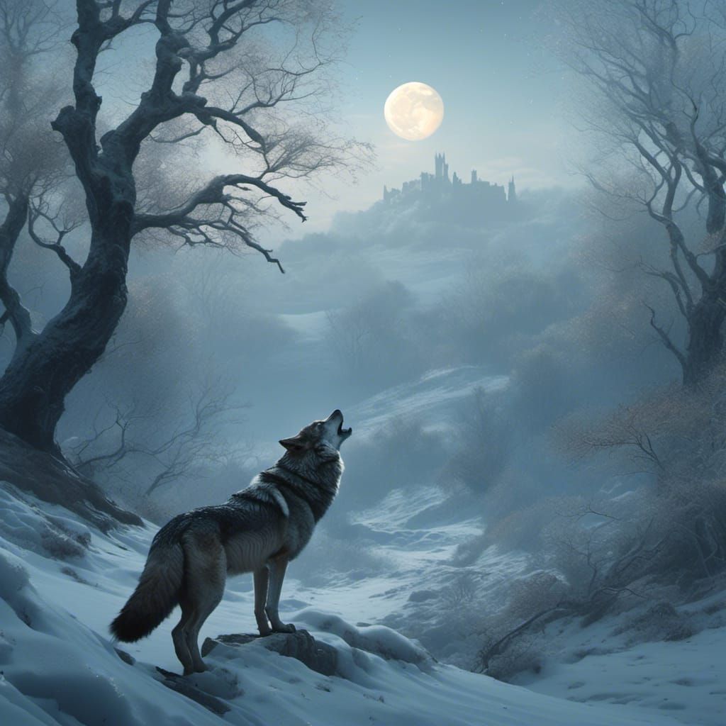 Wolf Howling at Moon in Winter Forest