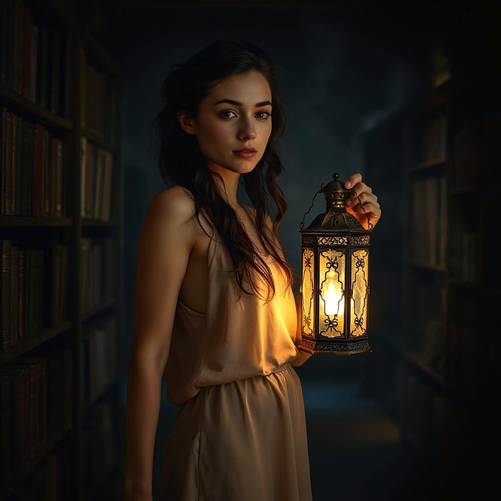 Woman with Lantern in Ancient Library, Painterly Style