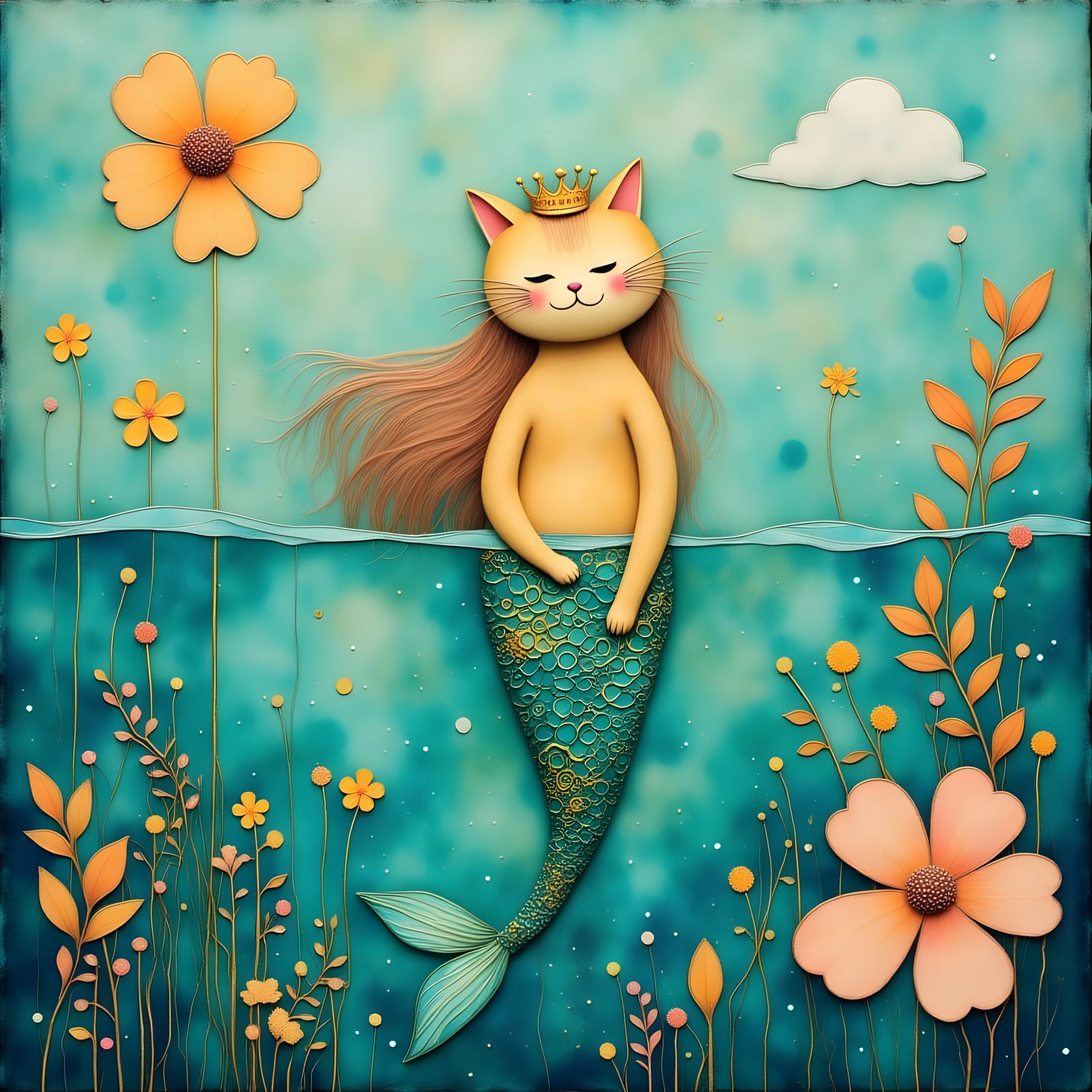 Mermaid Cat in Whimsical Shadow Art