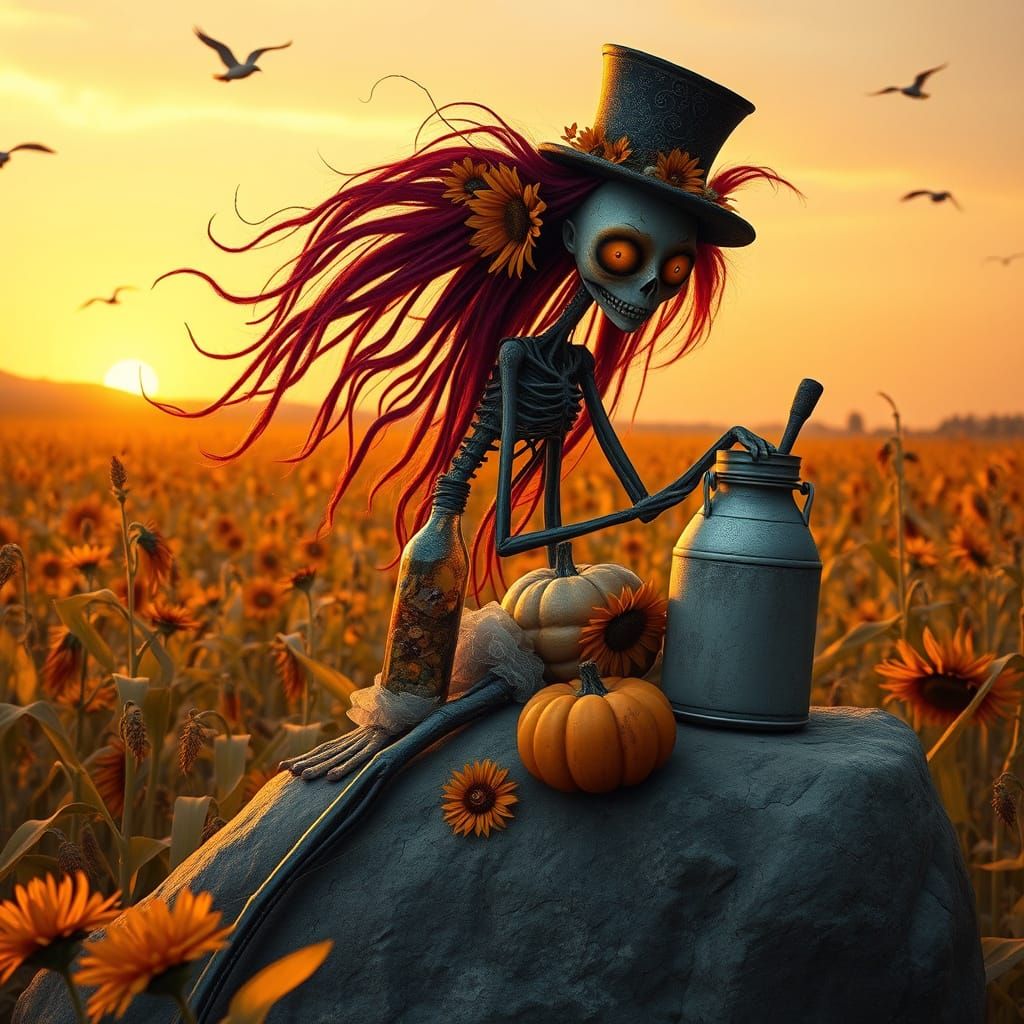 Whimsical Zombie in Sunflower-Themed Attire, Amidst Vibrant ...