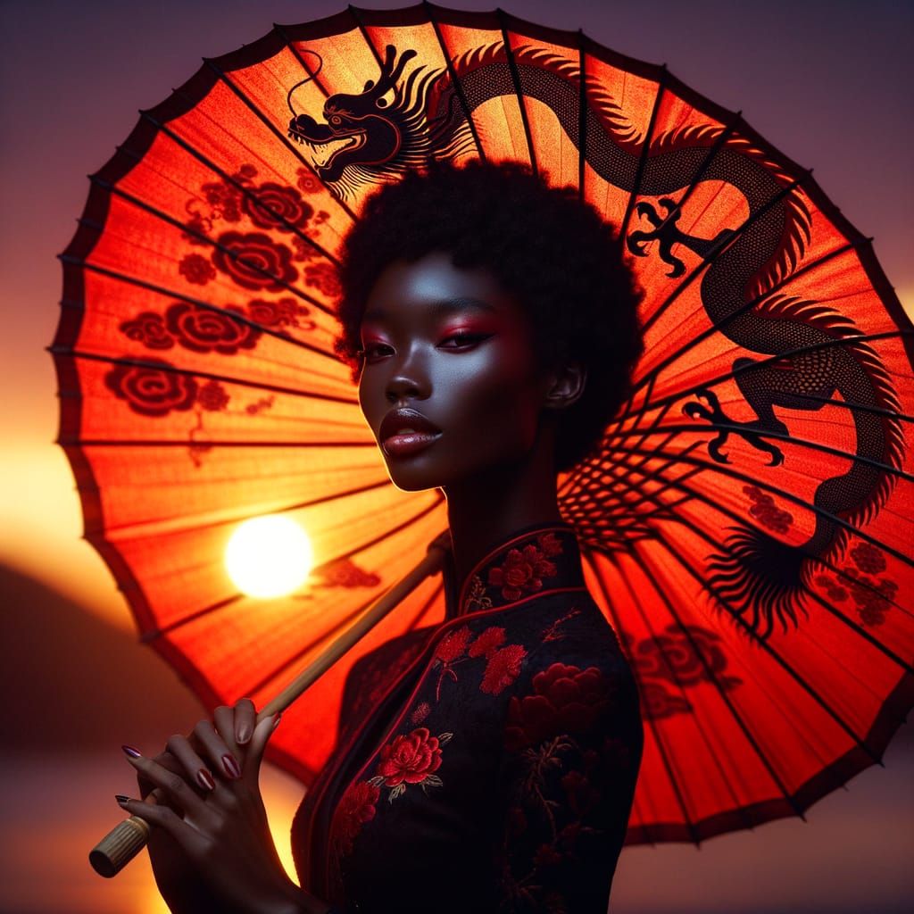 Elegant Woman Under Traditional Chinese-Inspired Umbrella at...