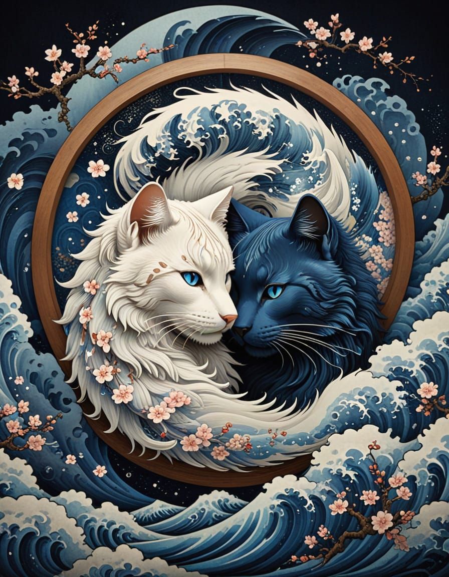 Yin and Yang God Dog and Cat in Whirlwind