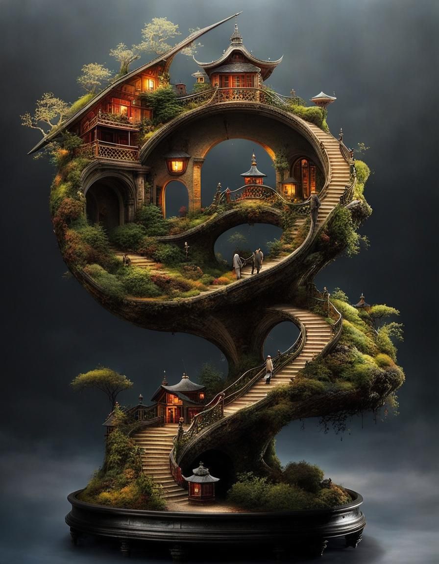 Surreal Stargate Scene with Bonsai and Victorian Cottages