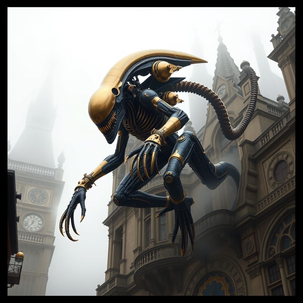 Steampunk Xenomorph Leaps from Gothic Spire