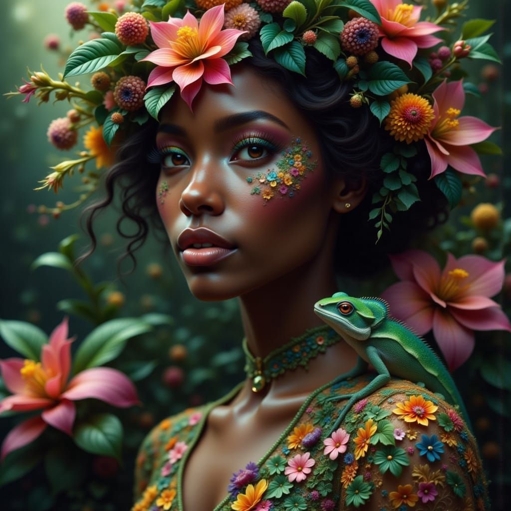 Fractal Lace Portrait of a Woman with Chameleon