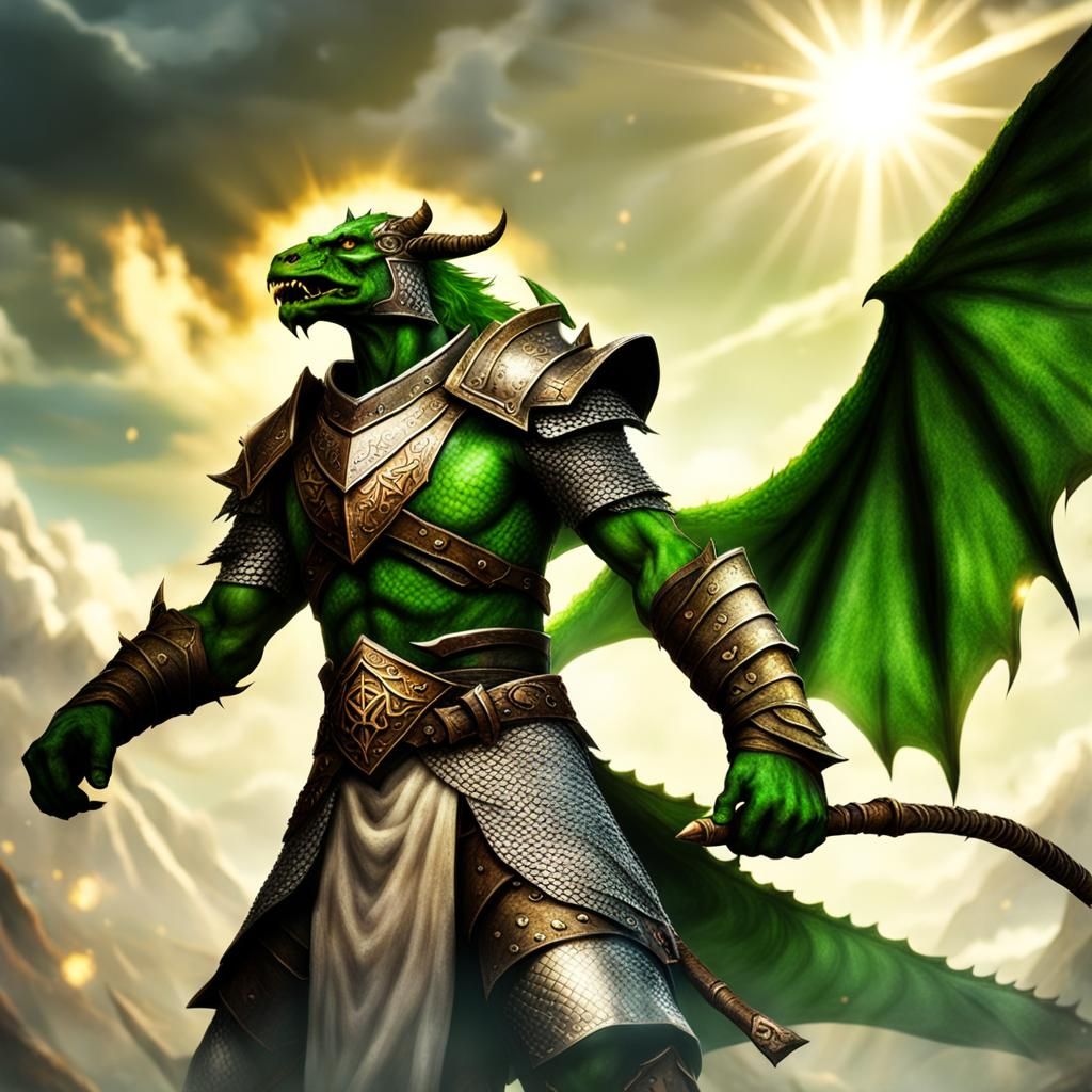Green Dragonborn Warrior in Divine Sunlight