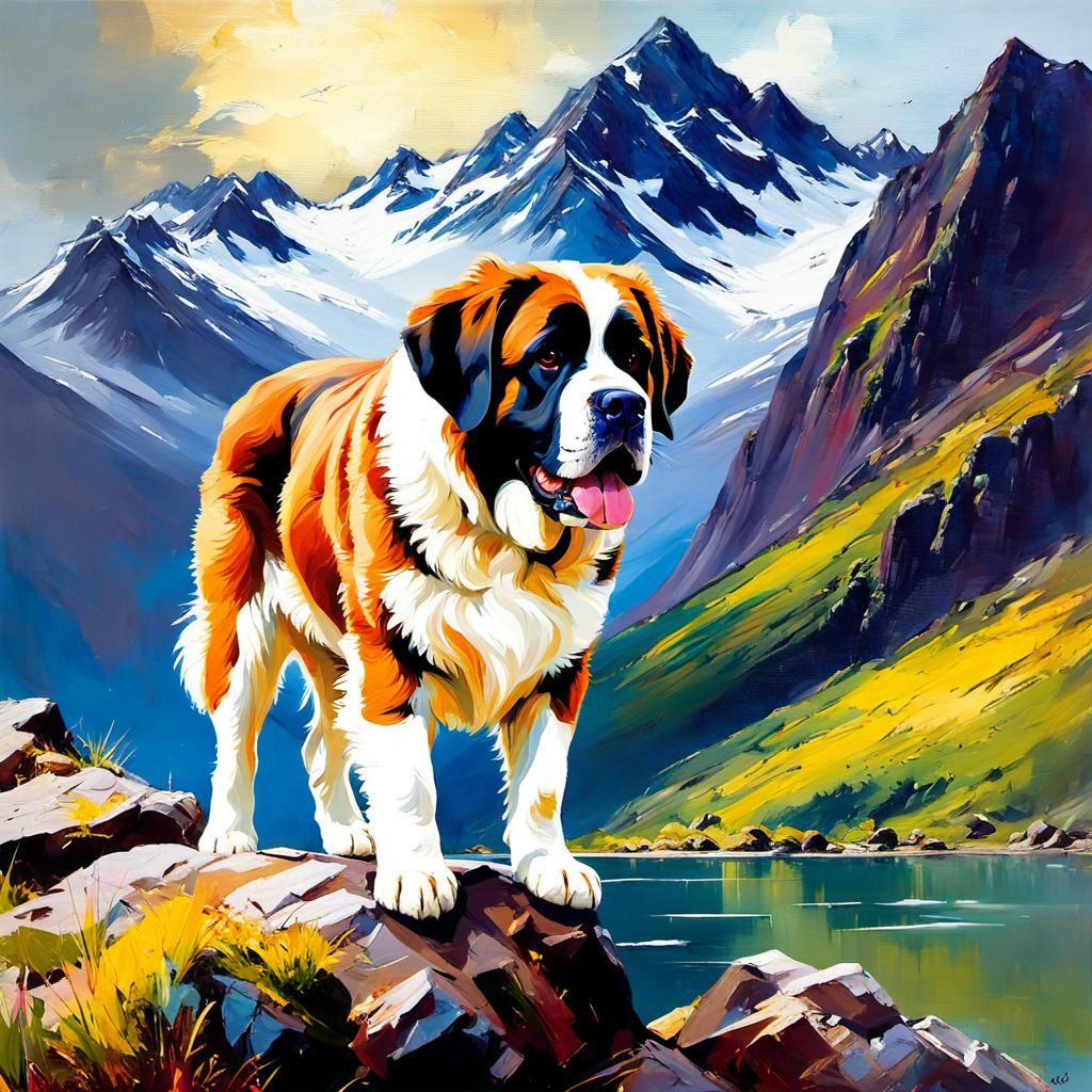 Saint Bernard Dog in Mountain Landscape as Oil Painting