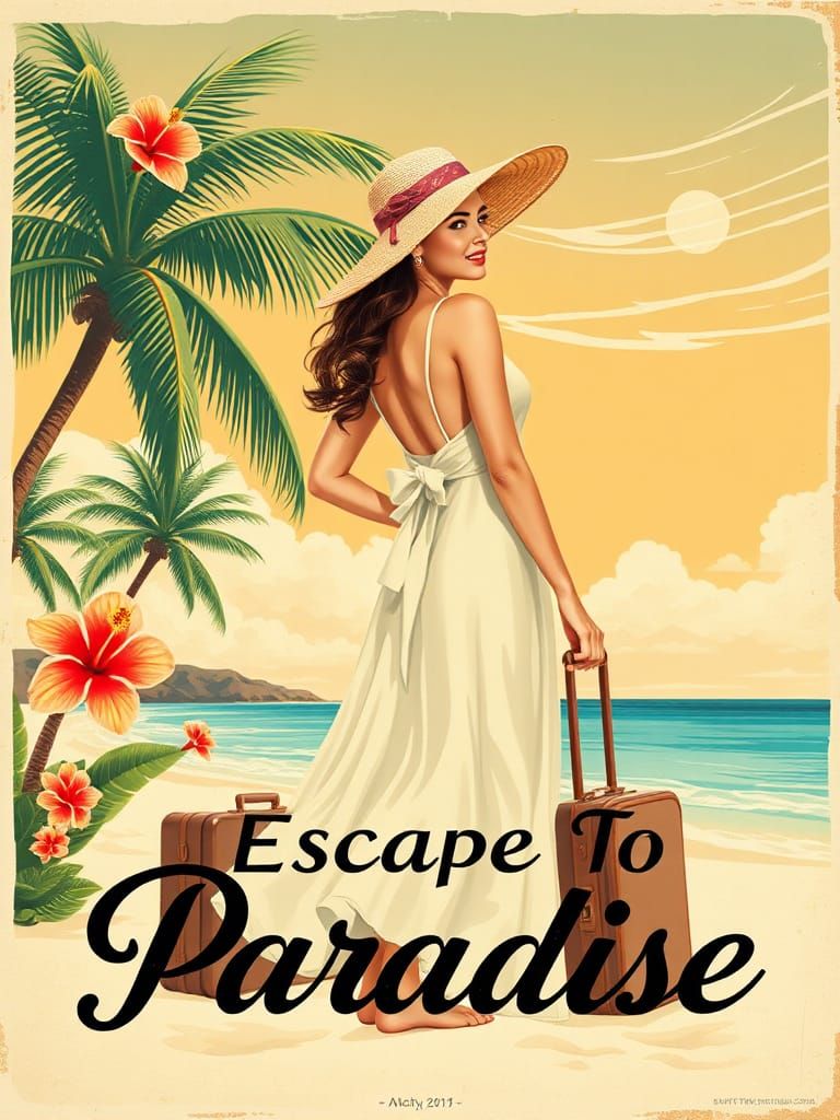 Tropical Beach Travel Poster in Vintage Style