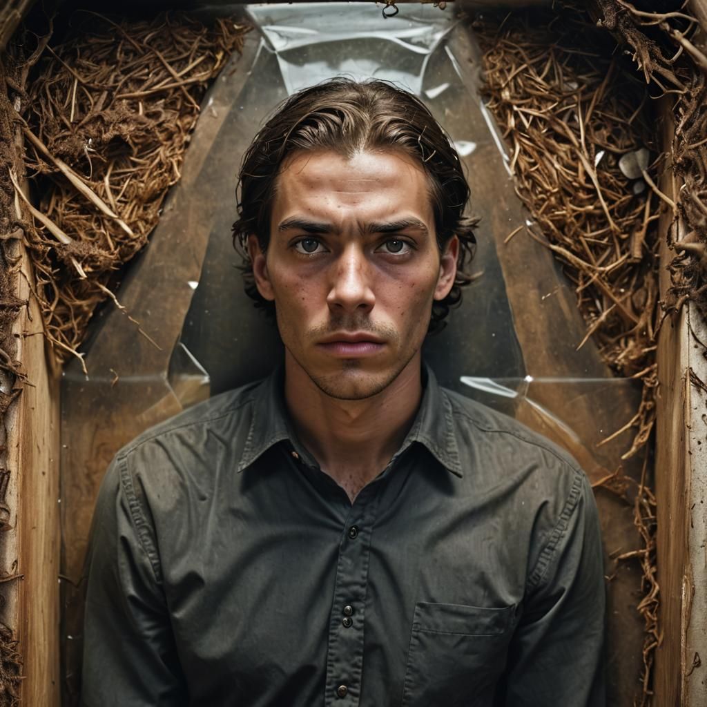 Man Trapped in Coffin: A Dramatic Close-Up Portrait