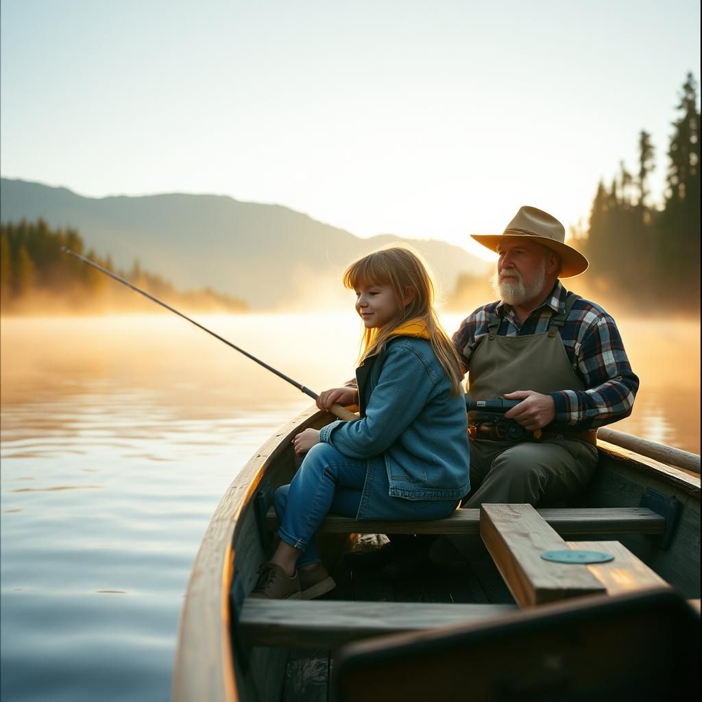 Girl and Grandfather Fishing at Dawn, Cinematic Film Still