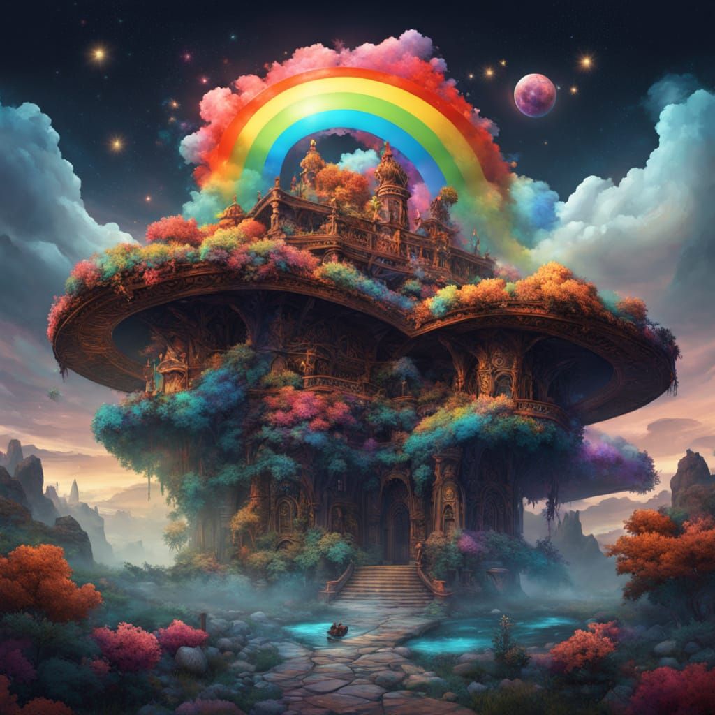 Cloud Fedora Hat with Rainbow Brim in Twilight Sky