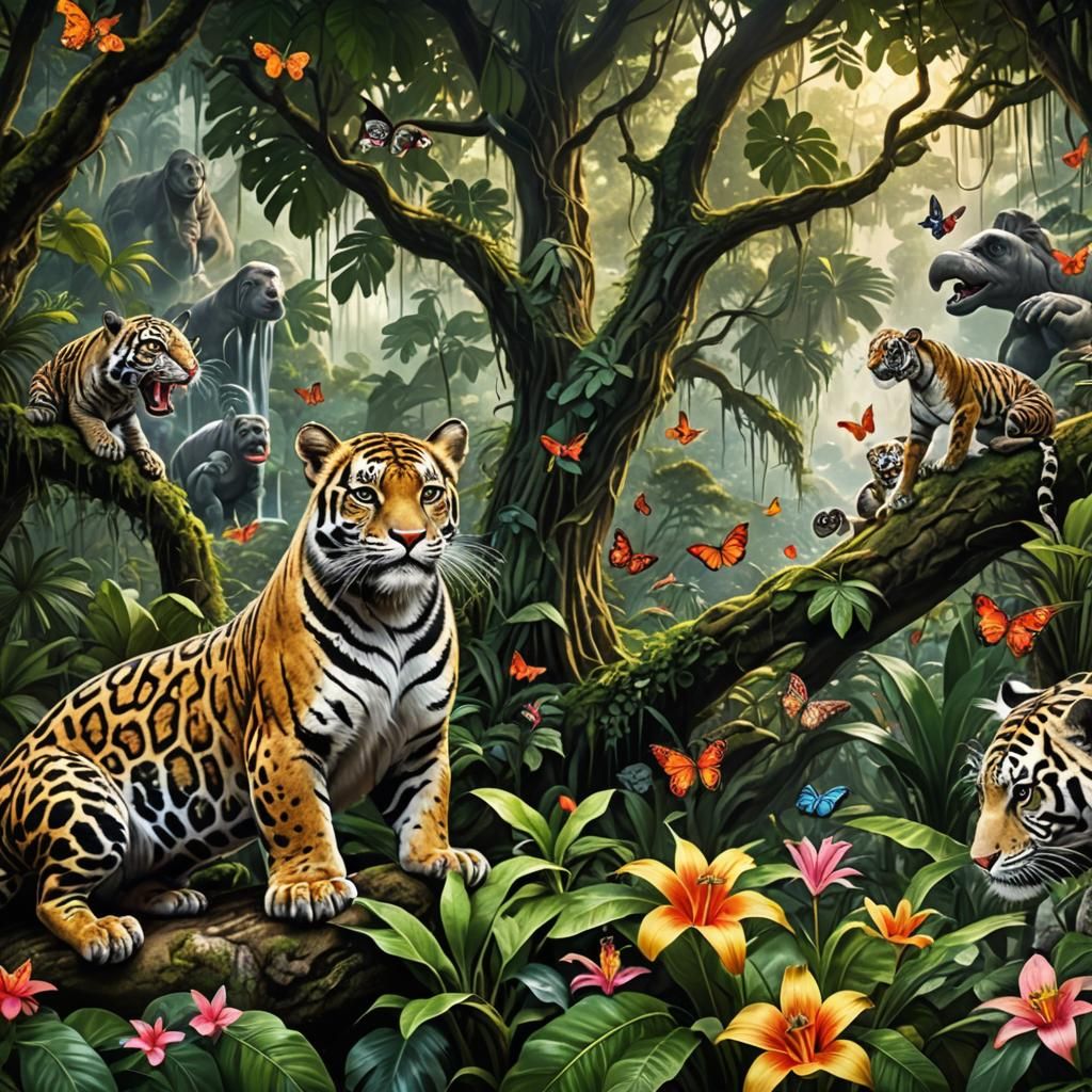 Lush Jungle Scene with Exotic Wildlife in HDR