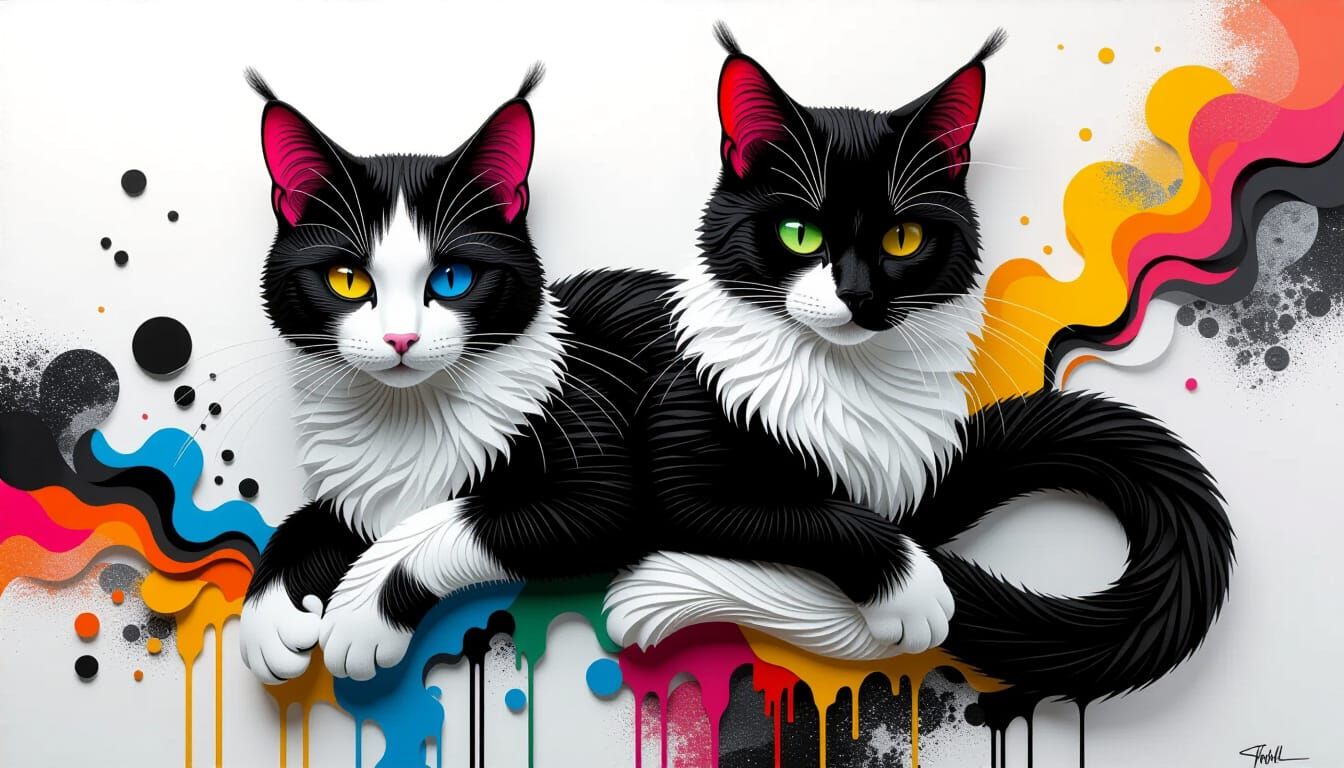 Elegant Threadwork Cat-Woman in Digital Painting Style