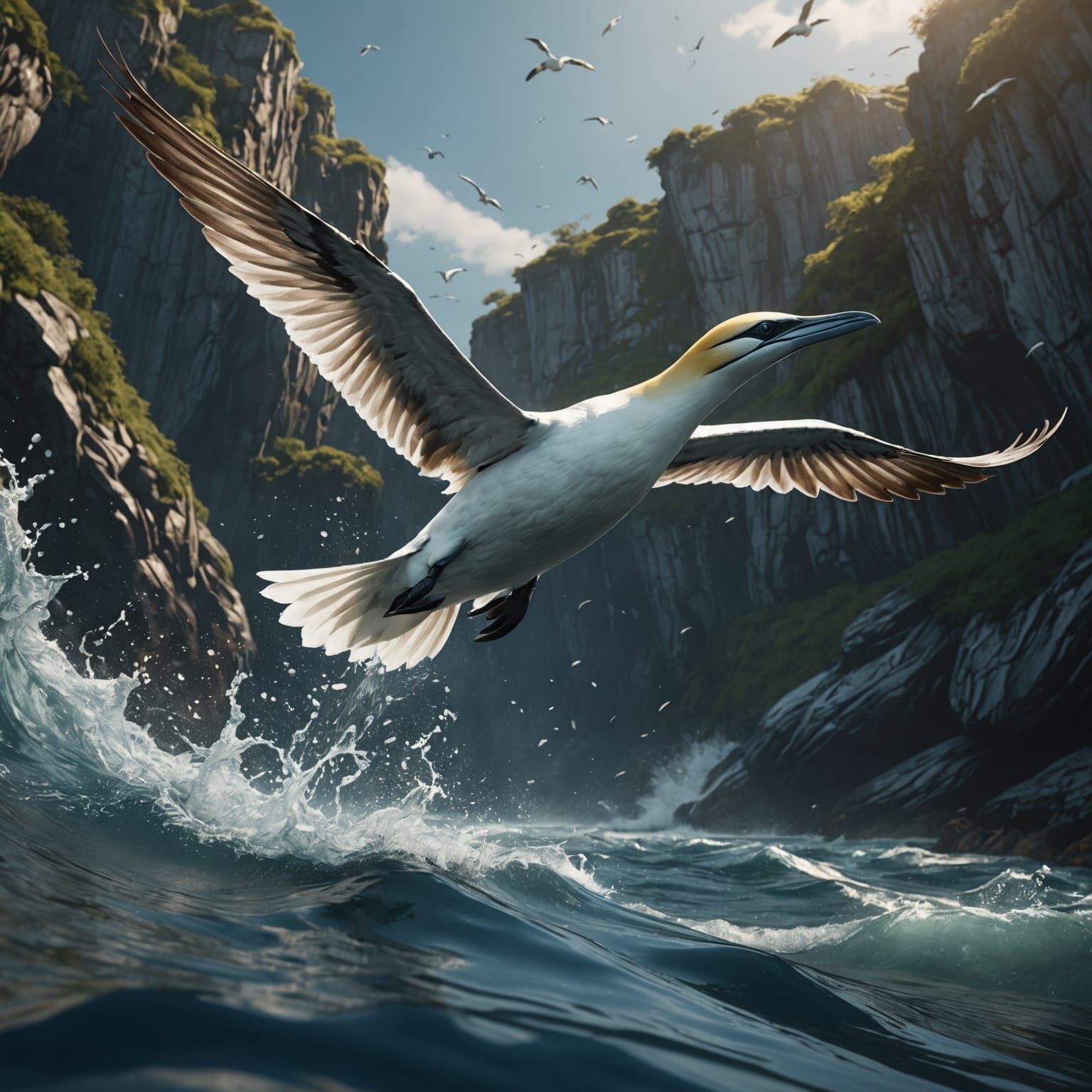 Gannet Dive: High-Speed Impact in Detailed Painting