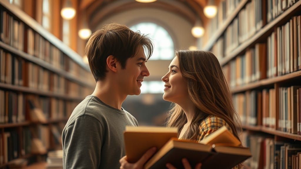 Intimate Library Encounter in Cinematic Film Style