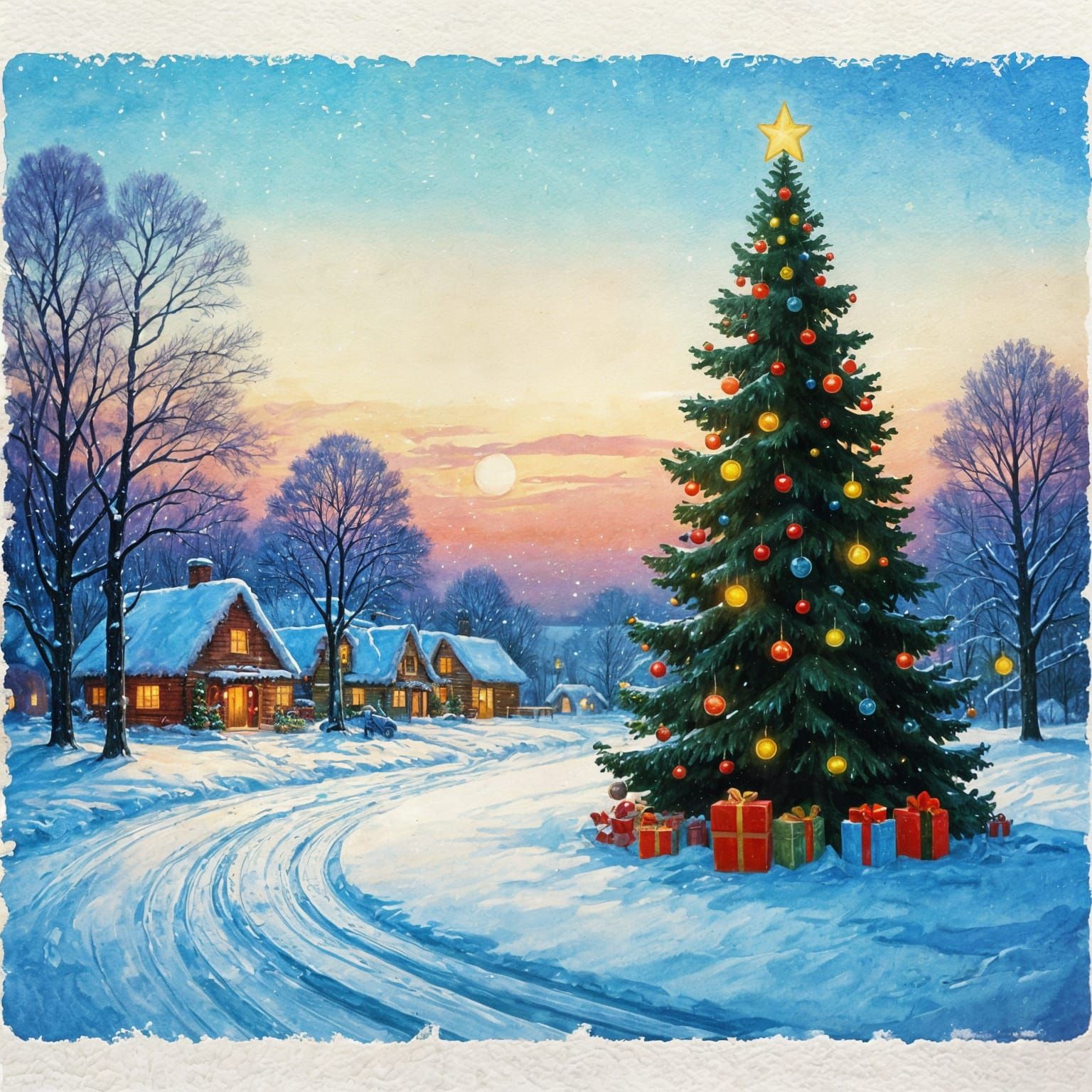 Winter Christmas Village Scene in Gouache Masterpiece