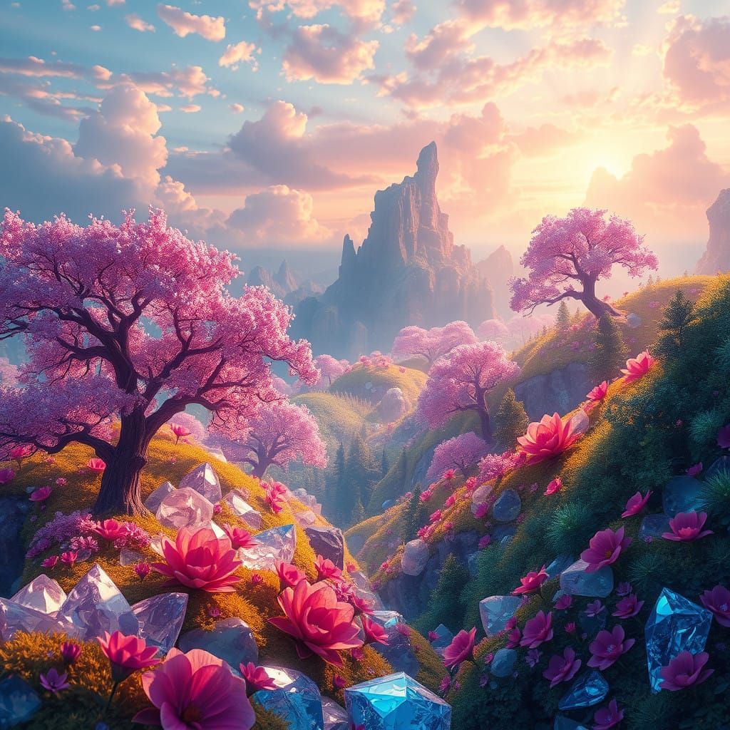 Surreal Gemstone Fantasy Realm in Vibrant, Hyper-Detailed St...