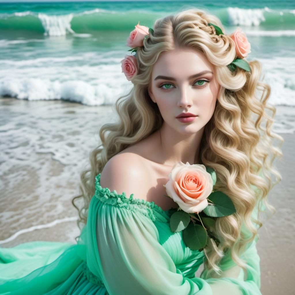 Blonde Woman in Muslin Gown on Sandy Beach